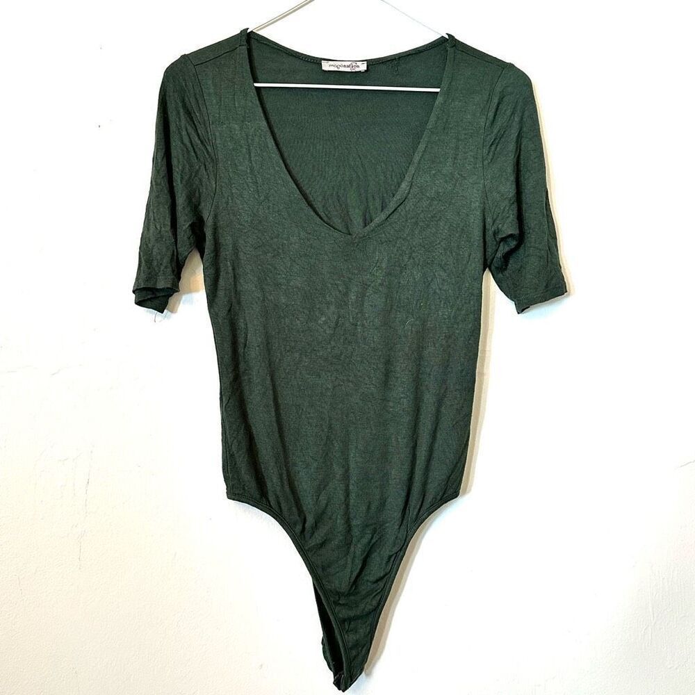 Imagenation Scoop Neck Short Sleeve Rayon Blend Stretch Bodysuit Green Large